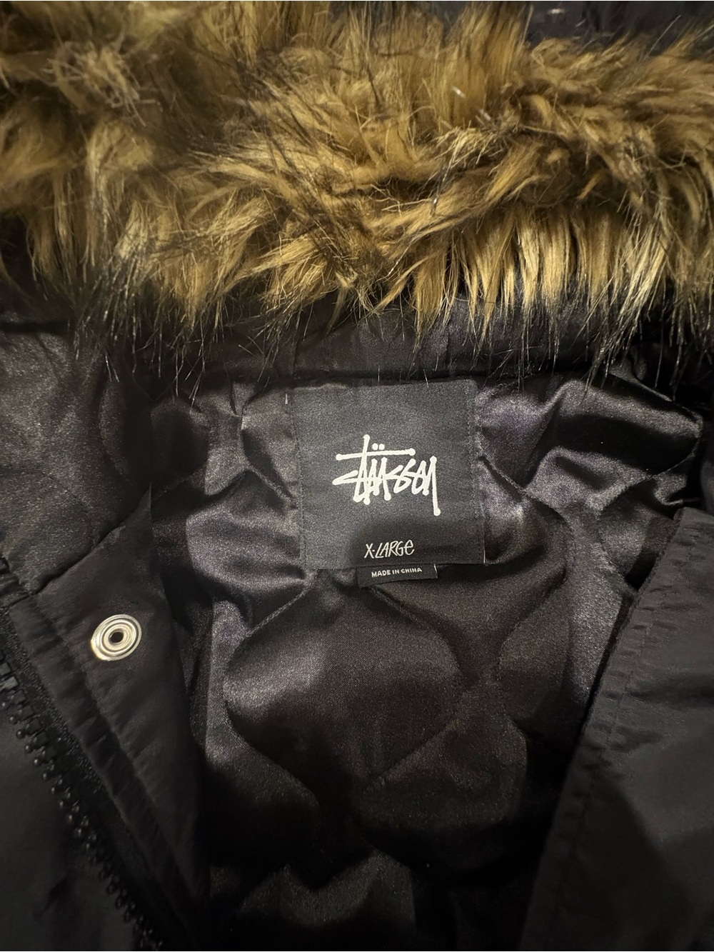 Stüssy Black Parka Jacket with Faux Fur Trim - X-Large